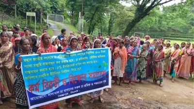 ৫০০ টাকা মজুরিসহ ৪ দাবিতে সিলেটে কর্মবিরতিতে চা শ্রমিকরা