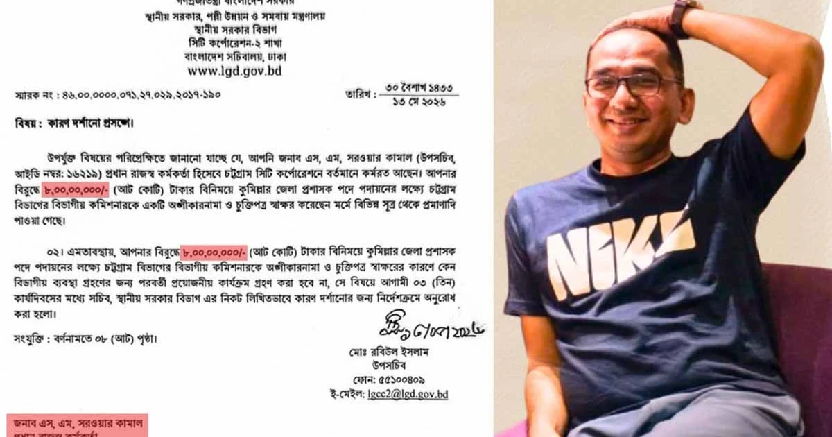 চসিকের রাজস্ব প্রধান সরওয়ারকে ব্যাখ্যা তলব মন্ত্রণালয়ের